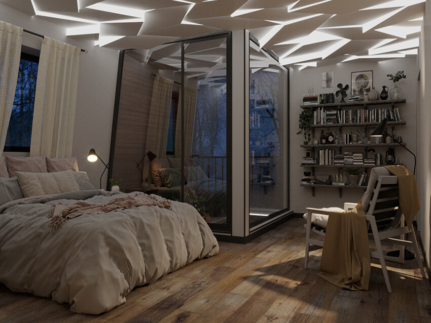 the interior space of a cozy bedroom in the night with indirect ceiling lighting