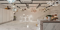 interior space of a modern lighting store with suspended decorative ceiling and stone flooring 