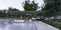 large water pool and gardens in a museum landscape design