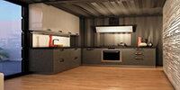 interior space of a kitchen in the container with dark color cabinets and parquet flooring